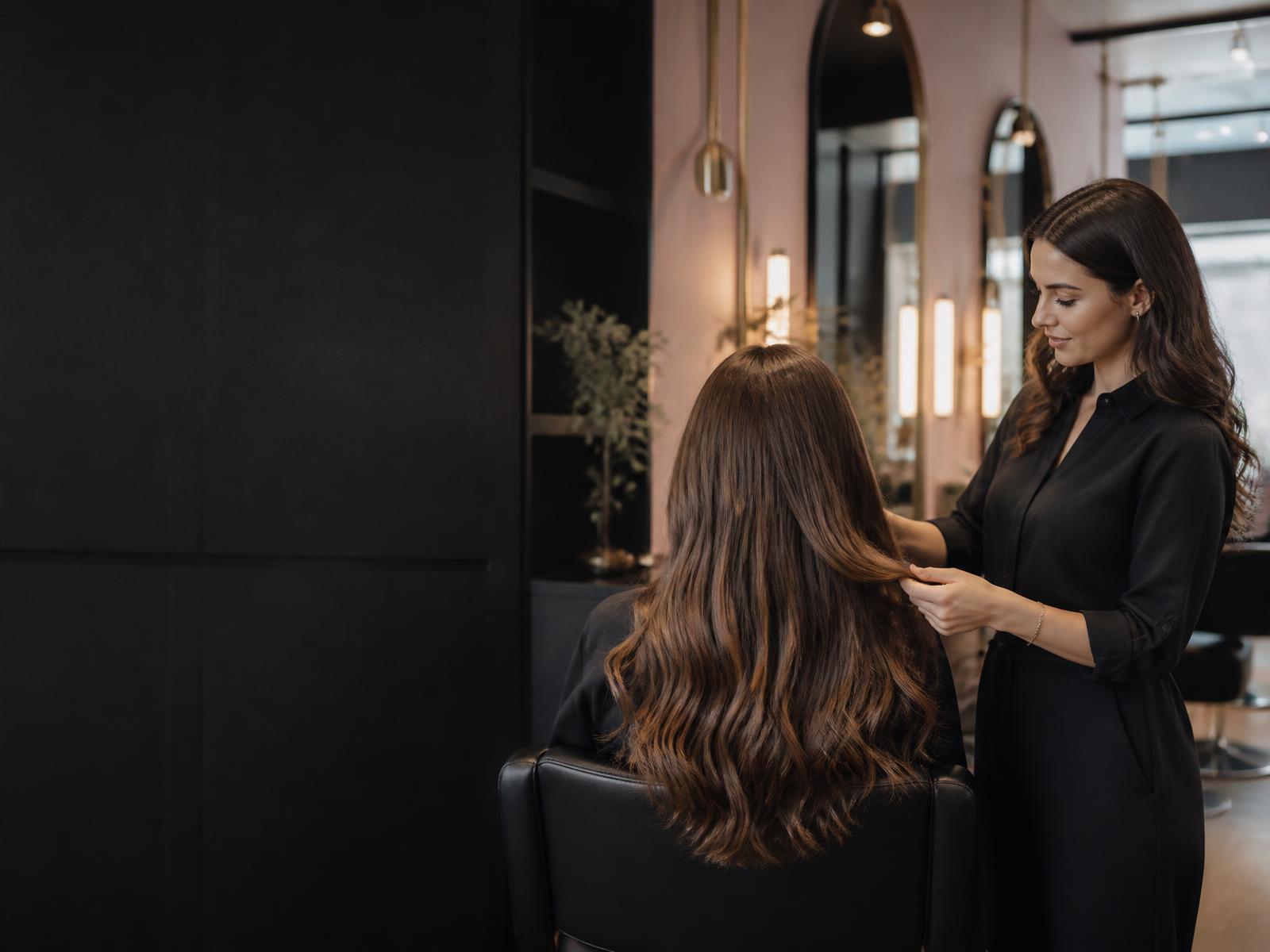 Stylistka Studio Stylove układająca długie brązowe włosy klientki